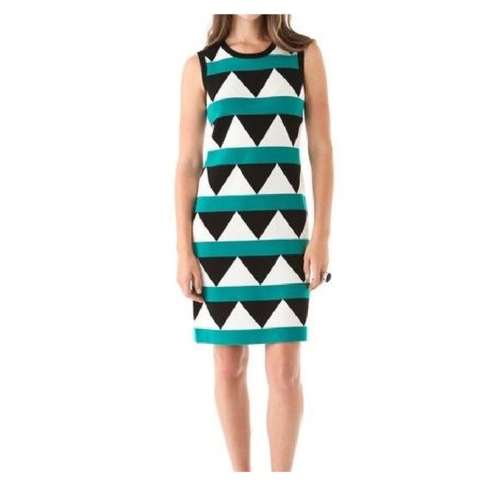 MILLY Geo Pop Green Black White Sleeveless Knit Sheath Dress